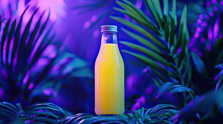 A striking glass bottle filled with vibrant yellow beverage stands amid lush green foliage, creating a tropical and refreshing atmosphere perfect for summer vibes.の素材