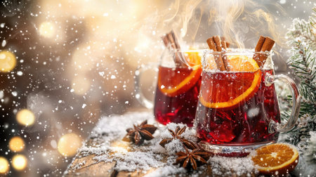 Savor the essence of winter with this cozy hot drink featuring cinnamon and orange garnishes. Perfect for holiday gatherings in a snowy setting.の素材