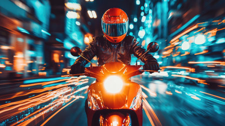 A striking image of a motorcycle rider speeding through a vibrant urban night scene. The motion blur captures the thrill of adventure, showcasing city lights and a sense of freedom.の素材