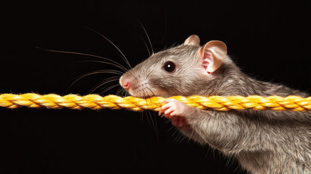 A detailed close-up of a domestic rat holding onto a bright yellow rope. The dark background highlights the rat's gray fur, expressive eyes, and curious nature.の素材