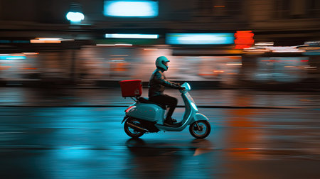 A vibrant scene of a delivery rider on a scooter navigating a neon-lit urban street at night, capturing the essence of modern city living and dynamic transport.の素材