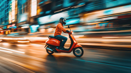 A dynamic shot of a rider on a vibrant scooter speeding through city streets. The motion blur captures the essence of urban life and fast-paced commuting.の素材