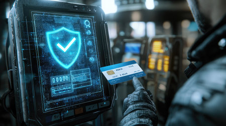 A high-tech digital security interface displays a protective shield symbol with a person holding a credit card, emphasizing data safety in transactions.の素材