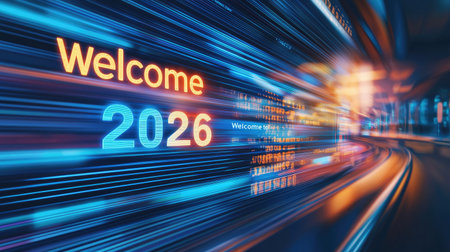 A vibrant and dynamic representation of welcoming the year 2026, featuring blurred light trails and digital effects that evoke excitement and celebration.の素材