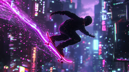 A dynamic silhouette of a skateboarder performing a trick in a vibrant neon-lit cityscape at night, capturing the essence of urban culture and excitement.の素材