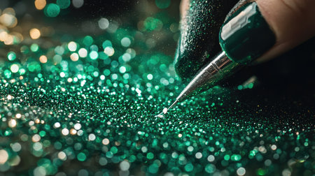 A close-up view of a hand applying green glitter on a sparkling surface using a brush, capturing the artistry and creativity involved in decoration and craft work.の素材