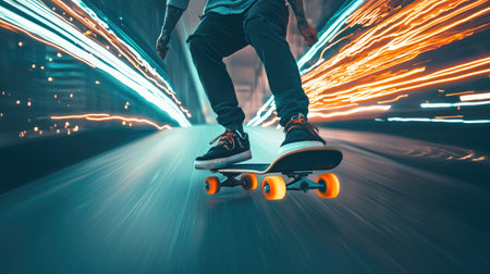 A skateboarder glides through a vibrant urban setting at night, captured in dynamic motion. The streaks of lights and blur evoke excitement and thrill, perfect for action enthusiasts.の素材