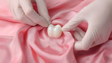 Close-up view of a dental model placed on soft pink fabric with gloved hands, highlighting the importance of professional dental care and hygiene practices.の素材