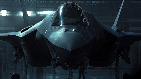 A futuristic jet displayed in a dimly lit aircraft hangar, showcasing cutting-edge design and technologies, emphasizing the blend of power and innovation in aviation.の素材