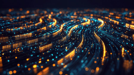 Captivating abstract digital artwork featuring flowing waves of light, showcasing vibrant blue and orange particles, evoking a sense of energy and motion.の素材