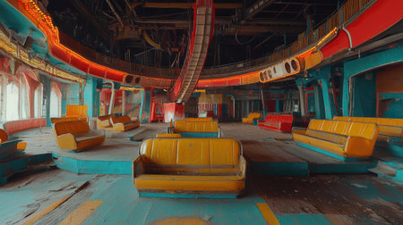 This captivating image showcases an abandoned indoor amusement park, featuring colorful seating and a dramatic slide, evoking nostalgia and intrigue.の素材