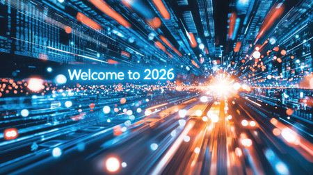 This dynamic visual features a futuristic design with vibrant light effects and a welcome message for 2026, ideal for tech-focused projects and presentations.の素材