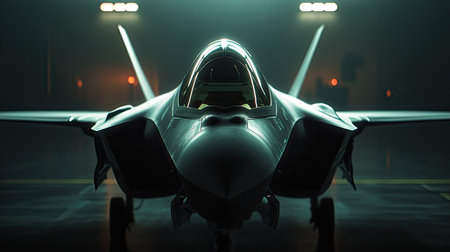 This image features a modern fighter jet positioned in a shadowy hangar, showcasing its sleek design and advanced technology. The dramatic lighting highlights its features, evoking themes of power and innovation.の素材