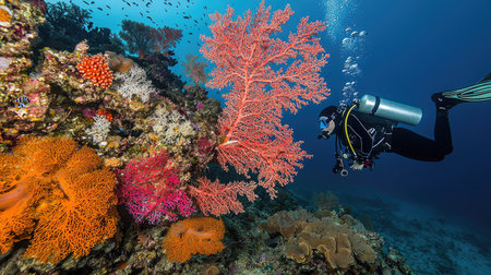 A diver explores a stunning coral reef filled with vibrant corals and diverse marine life. This underwater scene captures the beauty of ocean ecosystems and promotes marine conservation.の素材
