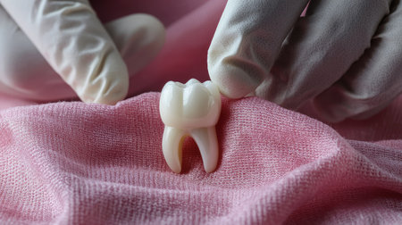 A close-up view of a tooth model held by gloved hands, showcasing dental treatment concepts in a clinical setting. This image represents dental care and education.の素材