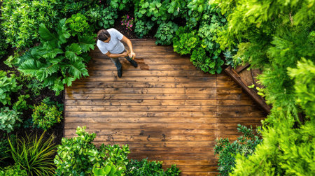 This aerial image captures a man standing on a wooden deck surrounded by vibrant greenery, highlighting a serene outdoor space perfect for relaxation and leisure.の素材