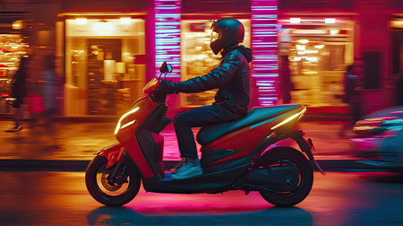 A dynamic night scene capturing a rider on an electric scooter, illuminated by vibrant neon lights. The urban setting reflects modern lifestyle and excitement.の素材