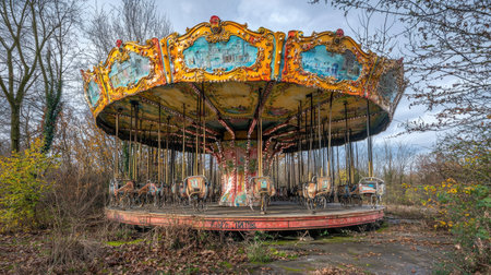An abandoned vintage carousel sits quietly amidst overgrown foliage, evoking nostalgia and memories of childhood adventures in a forgotten amusement park.の素材
