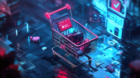 A futuristic shopping cart positioned in a vibrant digital environment, symbolizing modern e-commerce and the convenience of online shopping experiences.の素材