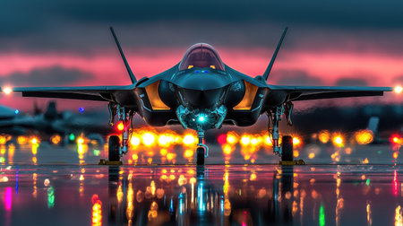 A sleek fighter jet positioned on the tarmac during a dramatic sunset, reflecting vibrant colors and lights, showcasing advanced military technology and power.の素材