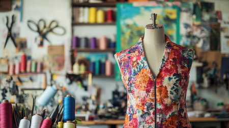 A vibrant sewing studio featuring a floral mannequin and colorful threads. This creative space is perfect for designers and hobbyists alike, promoting artistic expression.の素材