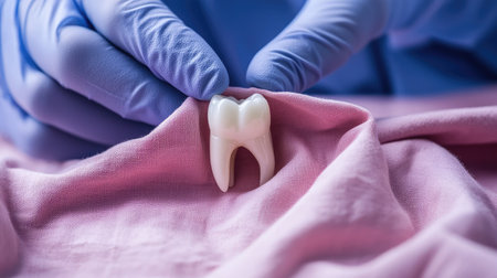 A dental professional showcases a tooth model placed on a soft pink cloth, symbolizing dental care and hygiene. Ideal for healthcare themes.の素材