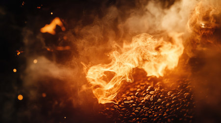 Captivating image showcasing dynamic flames and smoke dancing above roasted coffee beans. Perfect for culinary, beverage, and abstract themes.の素材