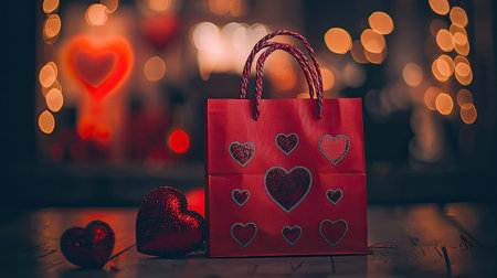 A charming red gift bag adorned with heart decorations, set against a dreamy bokeh background. Perfect for romantic celebrations, this image evokes love and joy.の素材