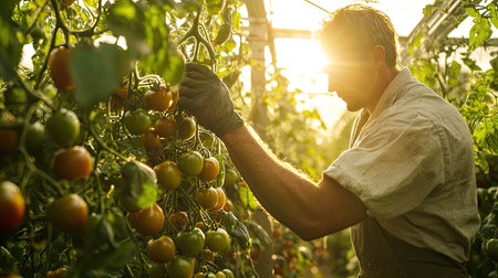 A dedicated farmer carefully harvests ripe tomatoes in a greenhouse during sunset, illustrating the beauty of agricultural labor and connection to nature.の素材