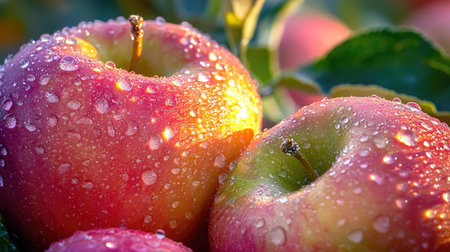 A close-up of fresh red apples with water droplets on their surface, showcasing vibrant colors and healthy shine. Perfect for food-related themes.の素材