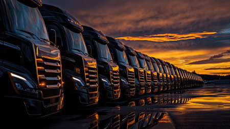 A stunning view of a line of trucks parked under a dramatic sunset, reflecting in puddles on the ground. The scene captures a mix of industry and nature.の素材