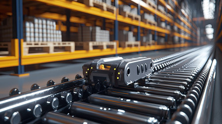 A futuristic automated conveyor system featuring a robotic cart moving within a well-organized warehouse. The image showcases efficiency in logistics and storage solutions.の素材