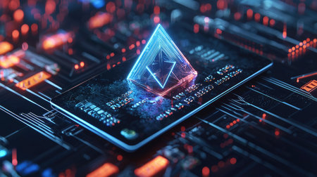 A striking neon pyramid sits atop a futuristic circuit board, illuminated by digital effects. This modern design embodies technology and innovation in a colorful abstraction.の素材