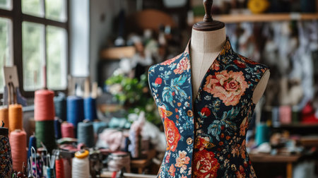 A vibrant floral dress form stands prominently in a creative sewing studio, surrounded by colorful threads and crafting materials, showcasing artistic inspiration.の素材