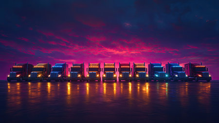 A stunning display of modern trucks lined up against a dramatic sunset, featuring colorful lights and reflections. Perfect for transportation and vehicle themes.の素材