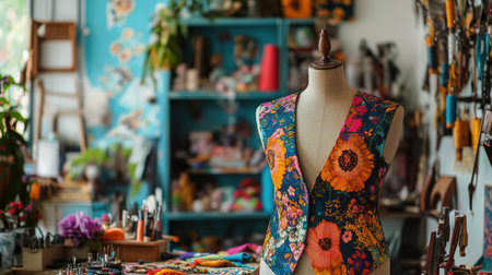 A vibrant floral vest displayed on a dress form in a creative workshop, surrounded by colorful materials and tools, showcasing the beauty of handmade crafts.の素材