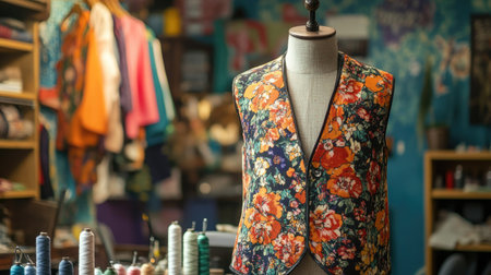 A colorful floral vest displayed on a dress form in a vibrant fabric store. The scene captures the essence of creativity and fashion design.の素材