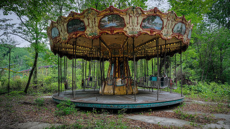 An abandoned carousel in a dilapidated amusement park, surrounded by lush greenery. This serene scene captures a sense of nostalgia and forgotten joy.の素材