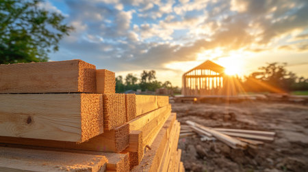 A serene view of stacked lumber at a construction site during sunset. The framing of a new building is visible in the background against a colorful sky.の素材