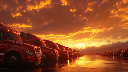 A stunning sunset casts a warm glow over a fleet of red trucks parked in a lot. The dramatic clouds and vibrant colors create a striking evening scene perfect for transportation themes.の素材