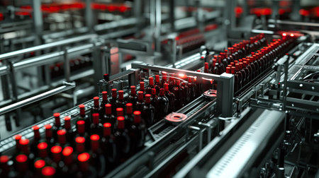 A detailed view of a high-tech bottling process in a modern beverage production facility. This image showcases advanced equipment and an efficient assembly line for beverage packaging.の素材