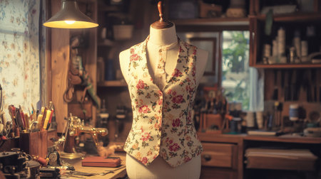 A beautifully crafted floral vest displayed on a tailor dummy, surrounded by sewing tools in a cozy workshop. This setting inspires creativity and craftsmanship.の素材