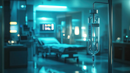 A serene view of an empty hospital room featuring an IV stand, medical equipment, and monitors, capturing the essence of healthcare and recovery at night.の素材