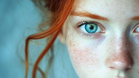 This captivating close-up portrait features a young woman with striking red hair and vivid blue eyes. Her freckles add a unique charm to her serene expression, creating a sense of intimacy and beauty.の素材