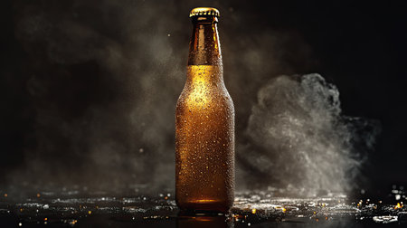 A striking image of a glass beer bottle showcases droplets of condensation and a mysterious smoke effect, perfect for beverage-related projects.の素材