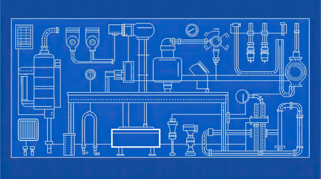 Detailed industrial blueprint showcasing a complex pipe system and equipment design. Ideal for engineers, manufacturers, and students in industrial fields.の素材