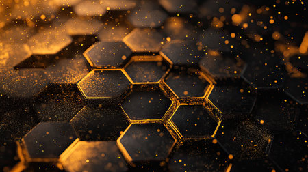 Captivating abstract background featuring a honeycomb pattern with sparkling golden particles. This design evokes a sense of energy and modern elegance.の素材
