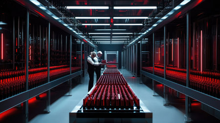 A sleek modern brewery interior showcasing professionals inspecting bottles on an assembly line. The setting is illuminated with striking red lighting, emphasizing the industrial ambiance.の素材