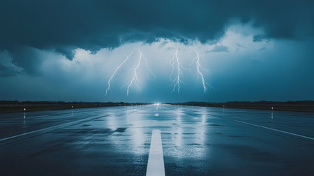 A striking scene of lightning illuminating a wet runway as storm clouds gather overhead. The atmospheric tension captures the power of nature in this dramatic night sky.の素材