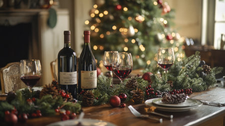 A beautifully arranged Christmas table featuring red wine, decorative pine cones, and festive greenery, creating a warm and inviting atmosphere for holiday gatherings.の素材